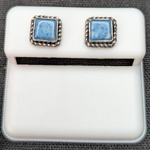 Silver and Blue Square Stud Earrings - Picture 1 of 5